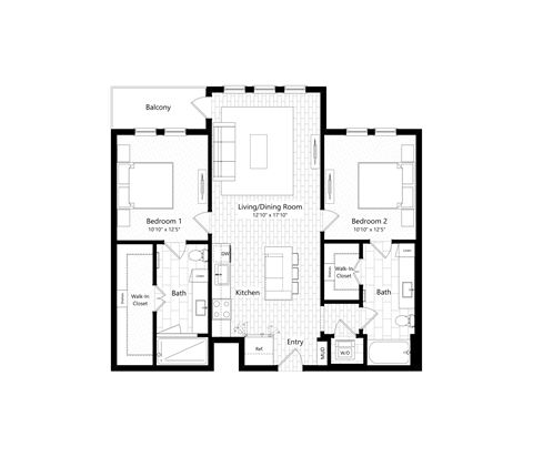 Floor plan for 2 beds, 2 baths, 1077 sqft